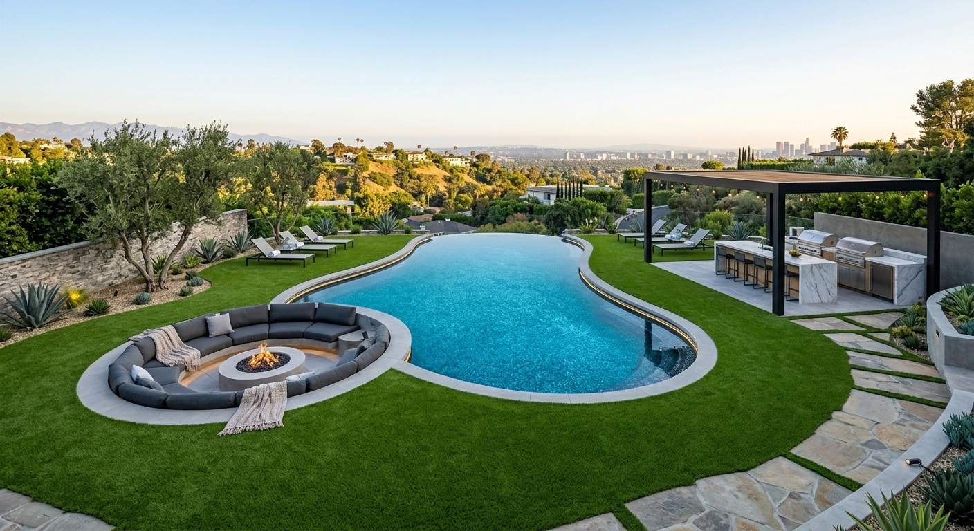 Artificial turf around a residential swimming pool